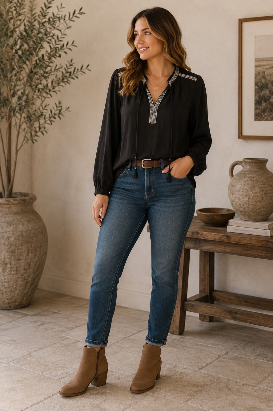 Daniel Rainn Black V Neck Boho Long Sleeve Blouse Womens S Boho Festival Indie